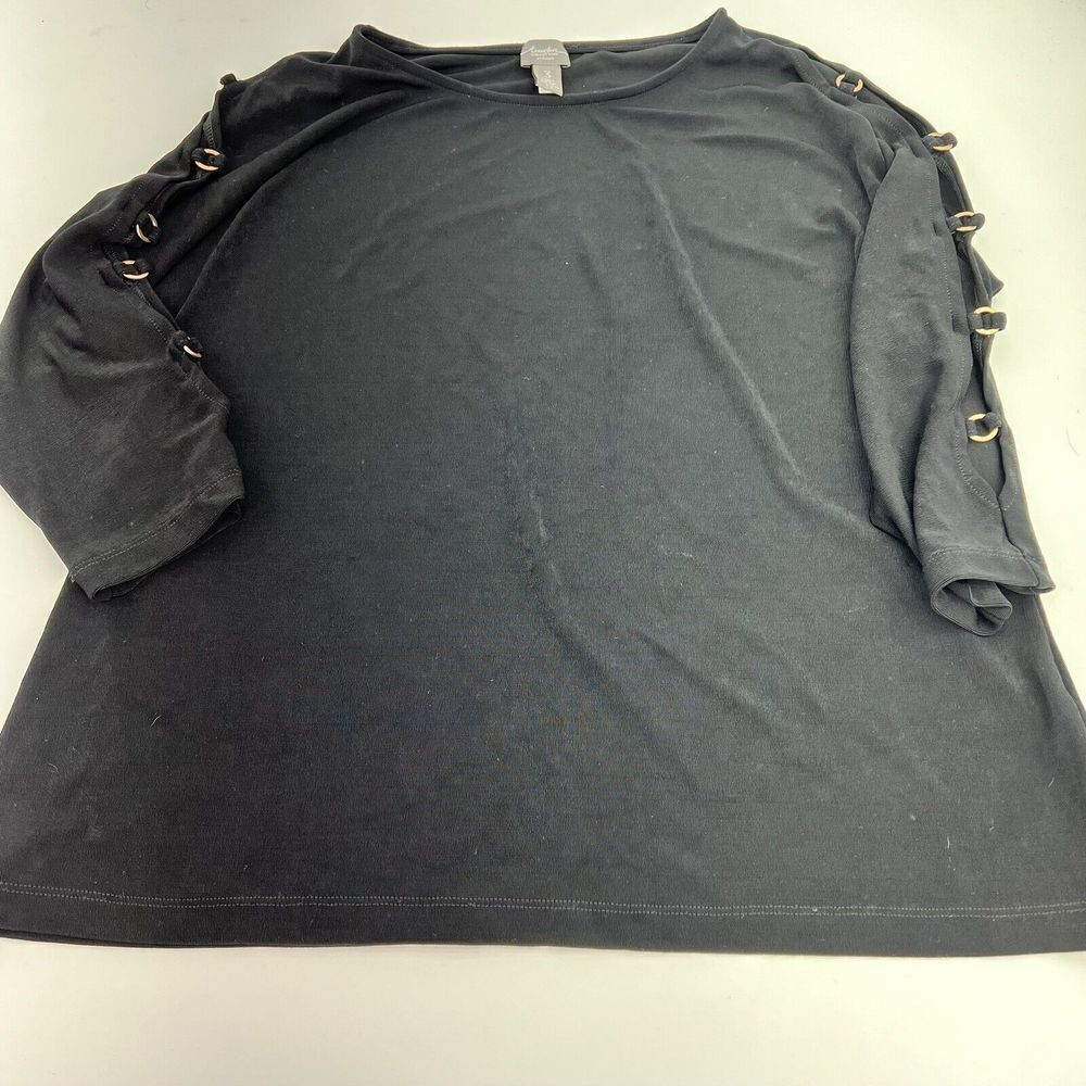 Chicos Black Acetate Top Gold Rings Sleeves Size XL